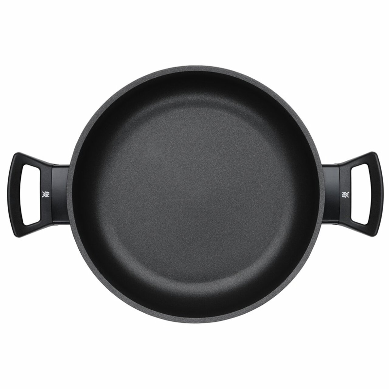 Servierpfanne PermaDur Excelle aus der Vogelperspektive mit zwei Griffen, schwarz.