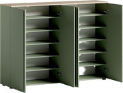 Grüner XXL-Schuhschrank mit offenen Türen und mehreren Regalböden, Frontalansicht