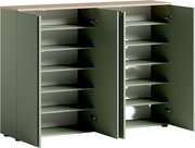 Grüner XXL-Schuhschrank mit offenen Türen und mehreren Regalböden, Frontalansicht