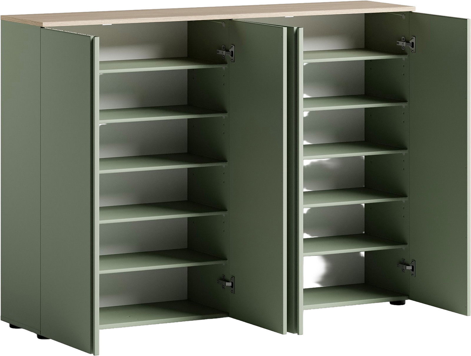 Grüner XXL-Schuhschrank mit offenen Türen und mehreren Regalböden, Frontalansicht