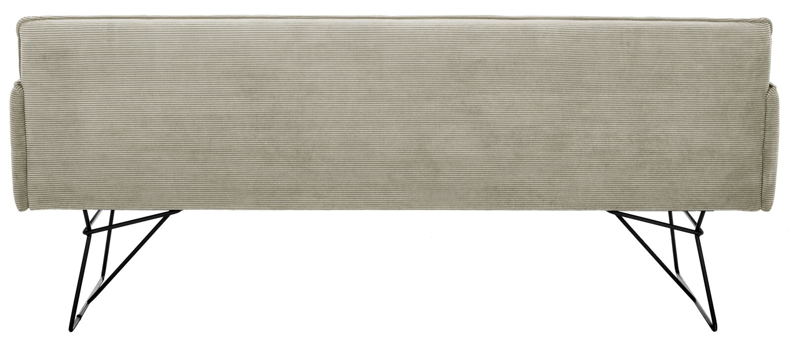 Rückansicht einer Solobank 2-Sitzer mit hellgrauem Stoffbezug und schwarzen Metallbeinen.