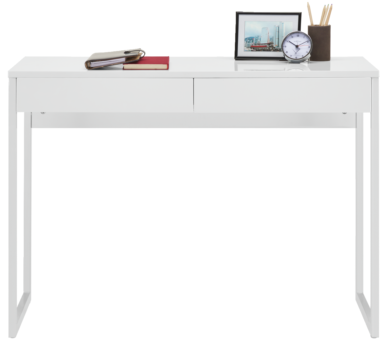 Moderner weißer Schreibtisch mit zwei Schubladen, darauf Bücher, ein gerahmtes Bild, eine Uhr und ein Stiftehalter, frontal betrachtet.