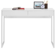 Moderner weißer Schreibtisch mit zwei Schubladen, darauf Bücher, ein gerahmtes Bild, eine Uhr und ein Stiftehalter, frontal betrachtet.