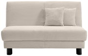 Beige functionele bank met geribbelde stoffen bekleding, twee bijpassende kussens en zwarte poten, vooraanzicht
