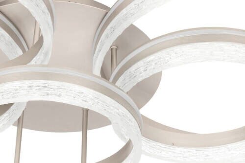 Moderne LED-Deckenleuchte mit geschwungenen, ringförmigen Elementen aus Metall und Glas, von unten betrachtet.