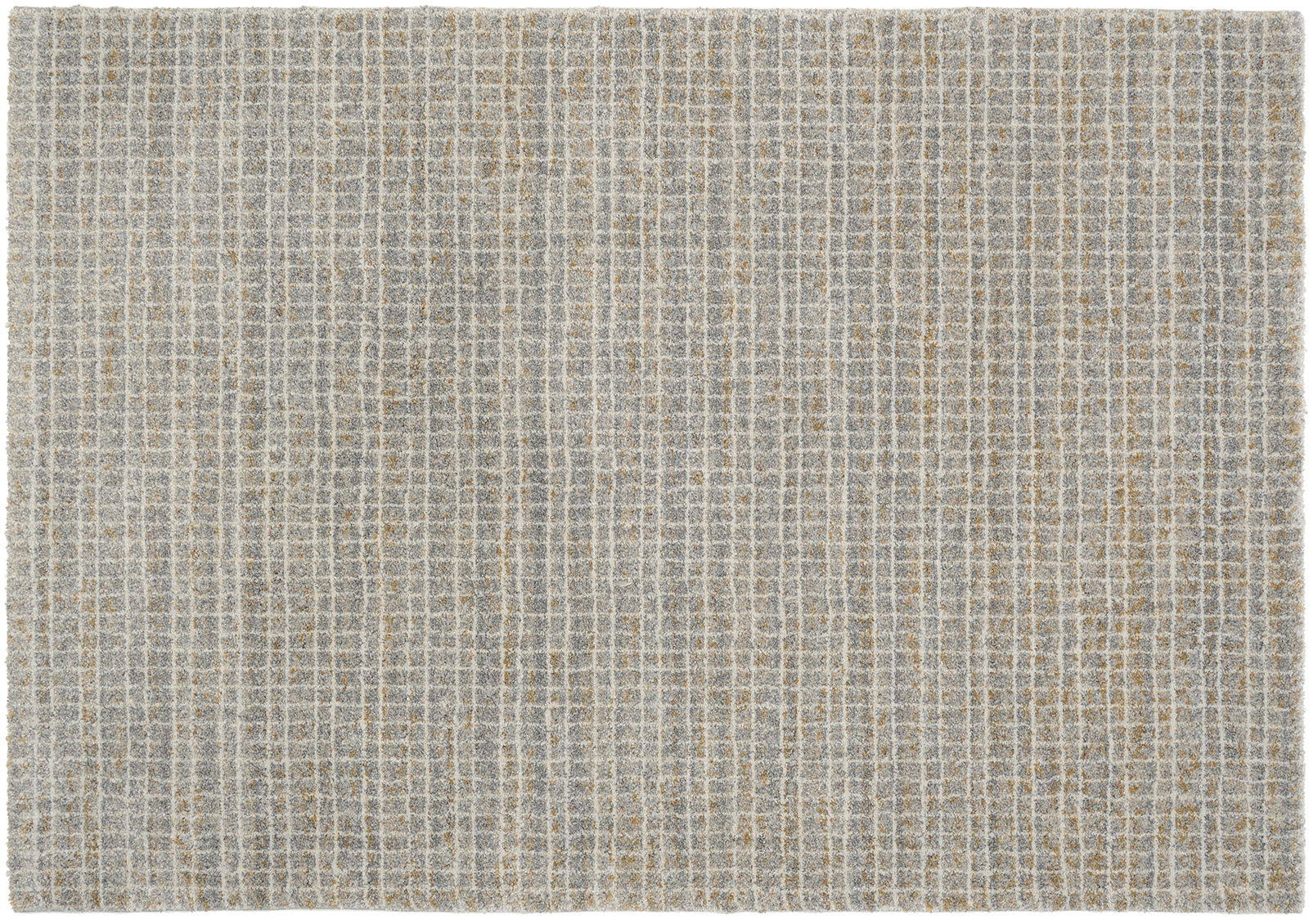 Frisé-Teppich in Grau- und Beigetönen mit einem karierten Muster, Draufsicht