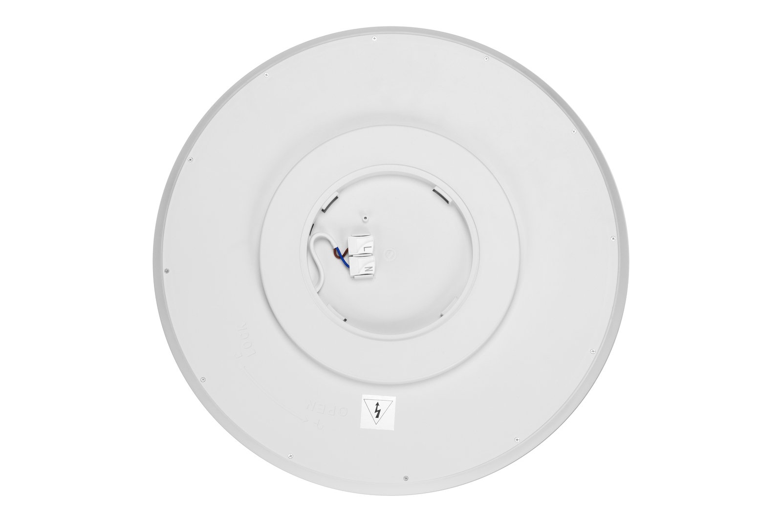 Rückansicht einer runden LED-Deckenleuchte mit Anschlusskabeln und Montagematerial.