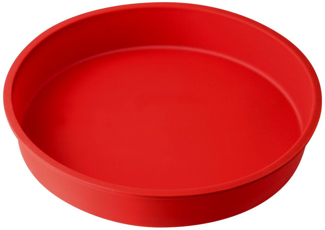 Dr. Oetker Silikon-Rundform FLEXXIBEL Rote Silikon-Rundform mit einem Durchmesser von 26 cm, aus der Vogelperspektive fotografiert.