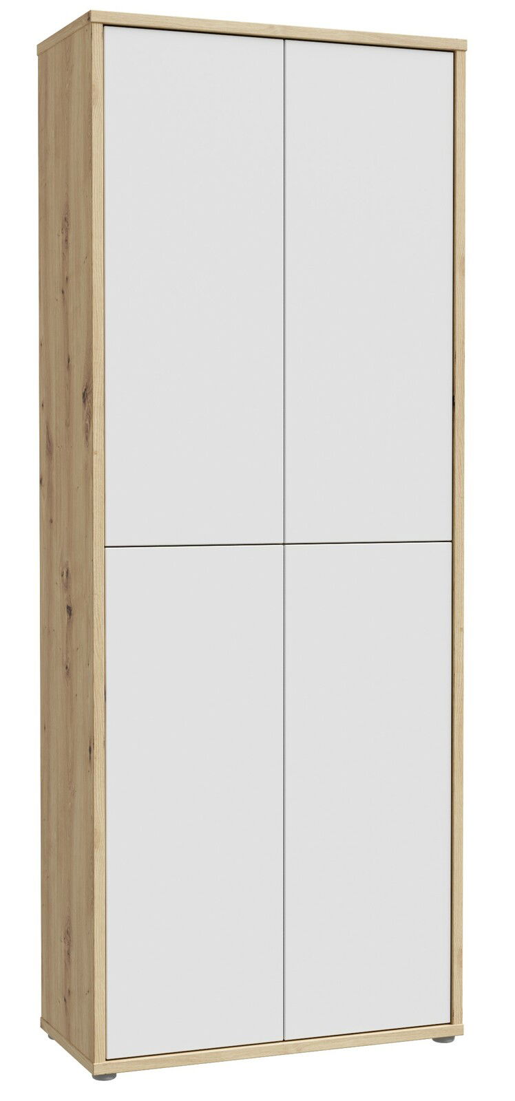 Hochformatiger XL-Schuhschrank mit vier Türen, Holzrahmen und weißen Fronten, seitliche Perspektive.