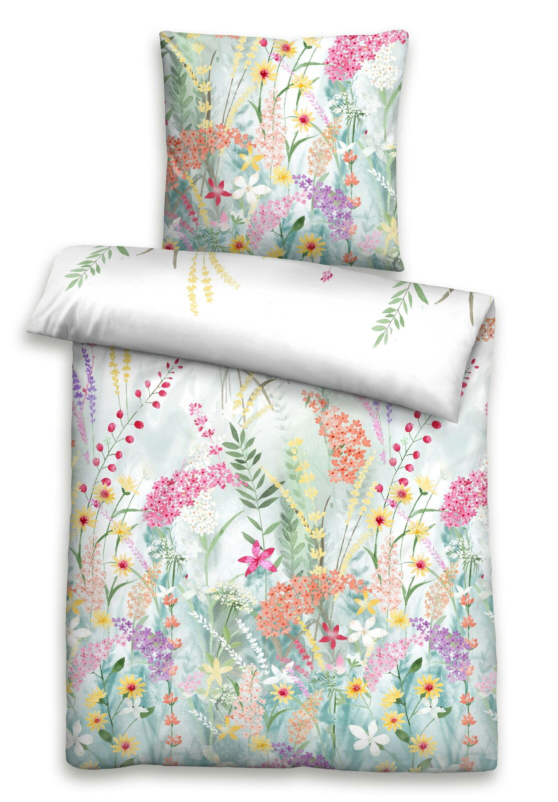 Bettwäsche-Set mit floralem Muster in Pastellfarben, Draufsicht