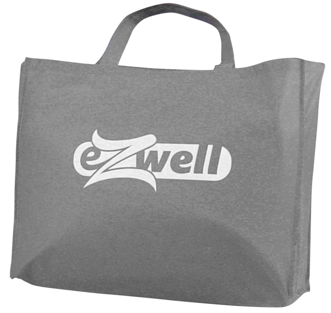 Grijze stoffen draagtas met korte hengsels en een wit „eZwell“-logo, vooraanzicht