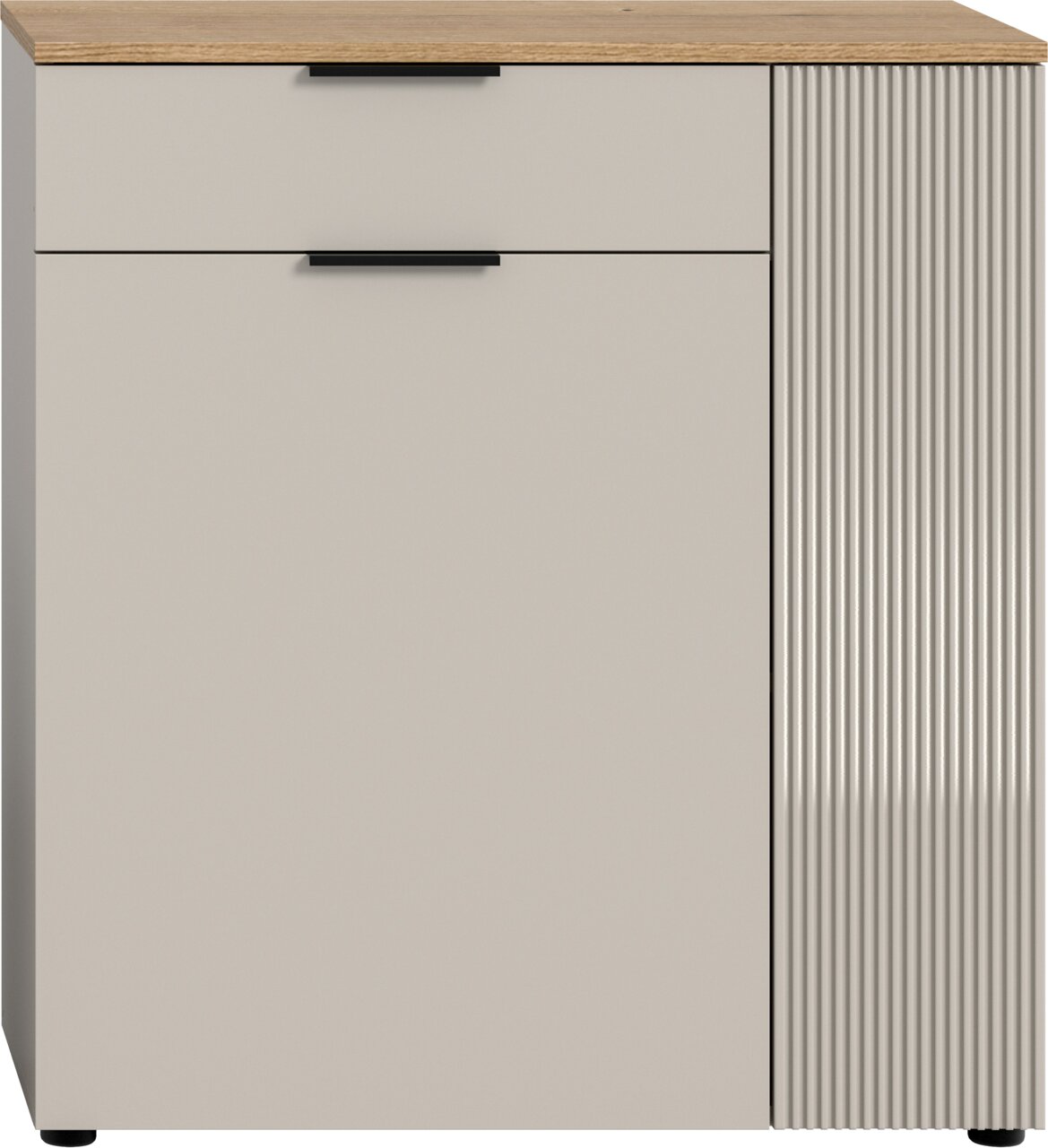 Moderne Kommode mit einer Schublade und einer Tür, Frontansicht, mit Holzoberfläche und geriffeltem Design auf der rechten Seite.