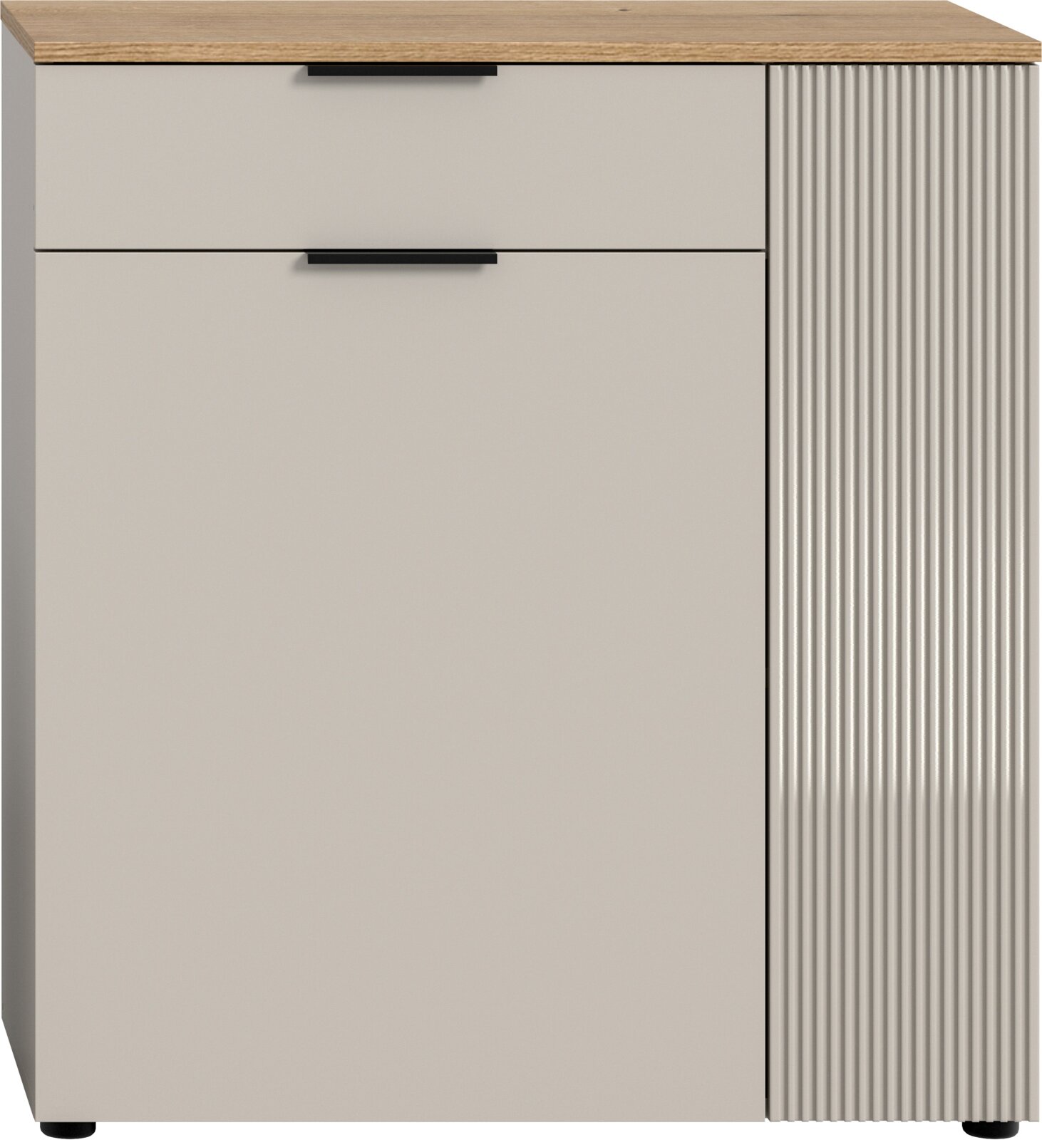 Moderne Kommode mit einer Schublade und einer Tür, Frontansicht, mit Holzoberfläche und geriffeltem Design auf der rechten Seite.