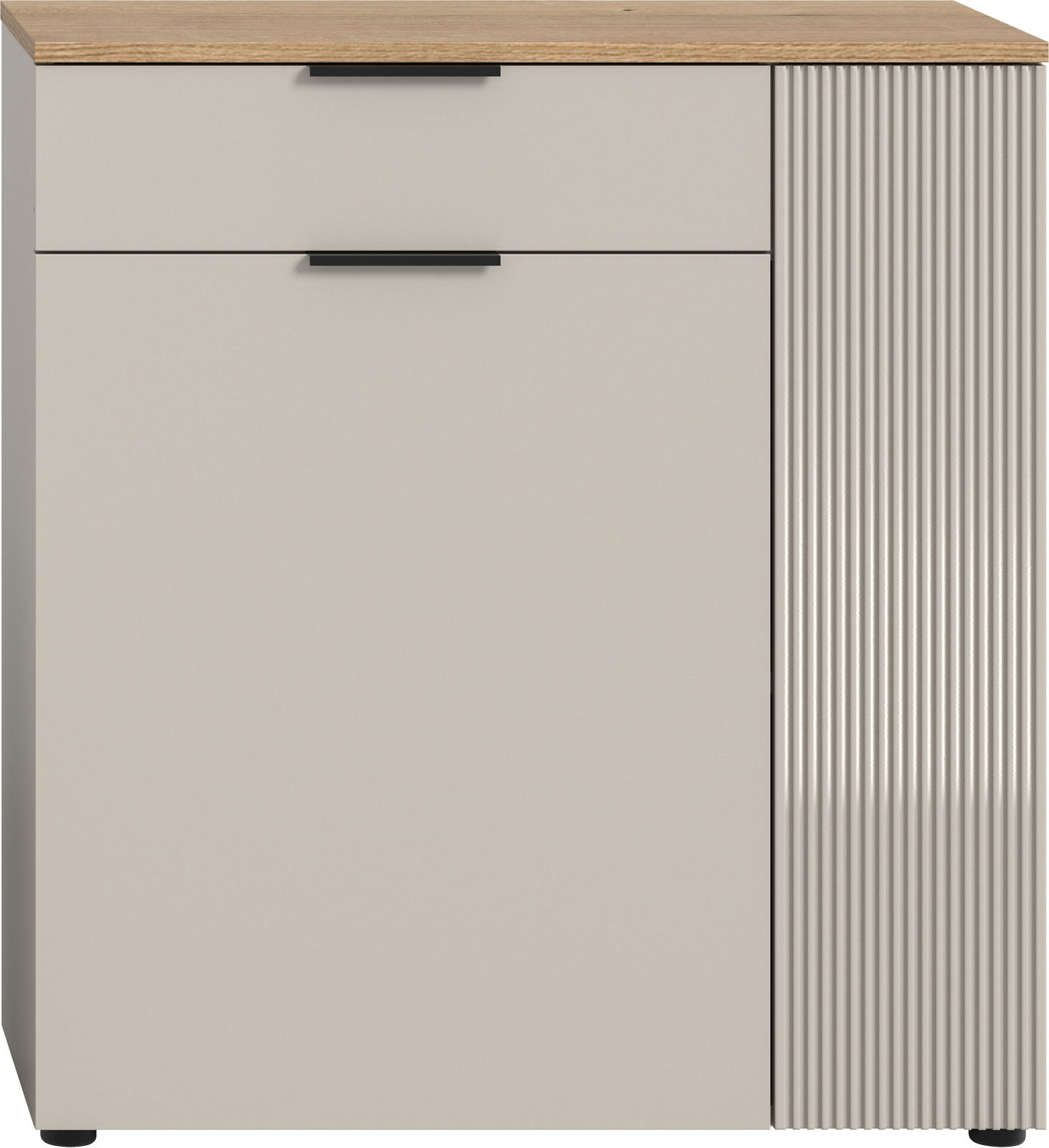 Moderne Kommode mit einer Schublade und einer Tür, Frontansicht, mit Holzoberfläche und geriffeltem Design auf der rechten Seite.