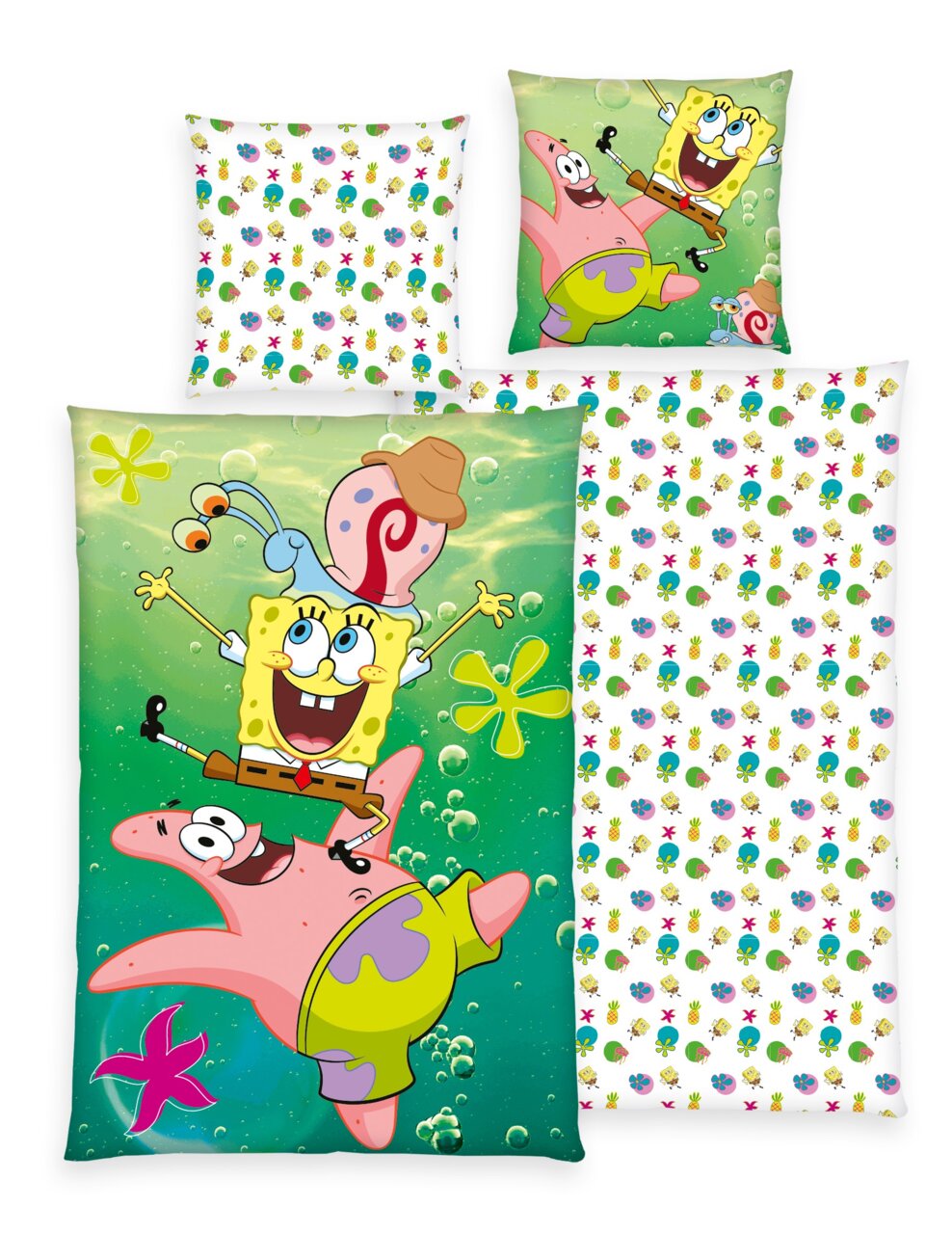 SpongeBob Renforcé-Bettwäsche 135x200cm SPONGEBOB Renforcé-Bettwäsche-Set mit fröhlichen Cartoon-Charakteren auf grünem Hintergrund, inklusive Kissenbezüge mit buntem Muster. Draufsicht auf das Set.