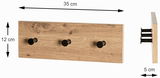 Garderobenleiste aus Holz mit drei schwarzen Haken, Maße 35 cm x 12 cm x 5 cm, seitliche und frontale Ansicht