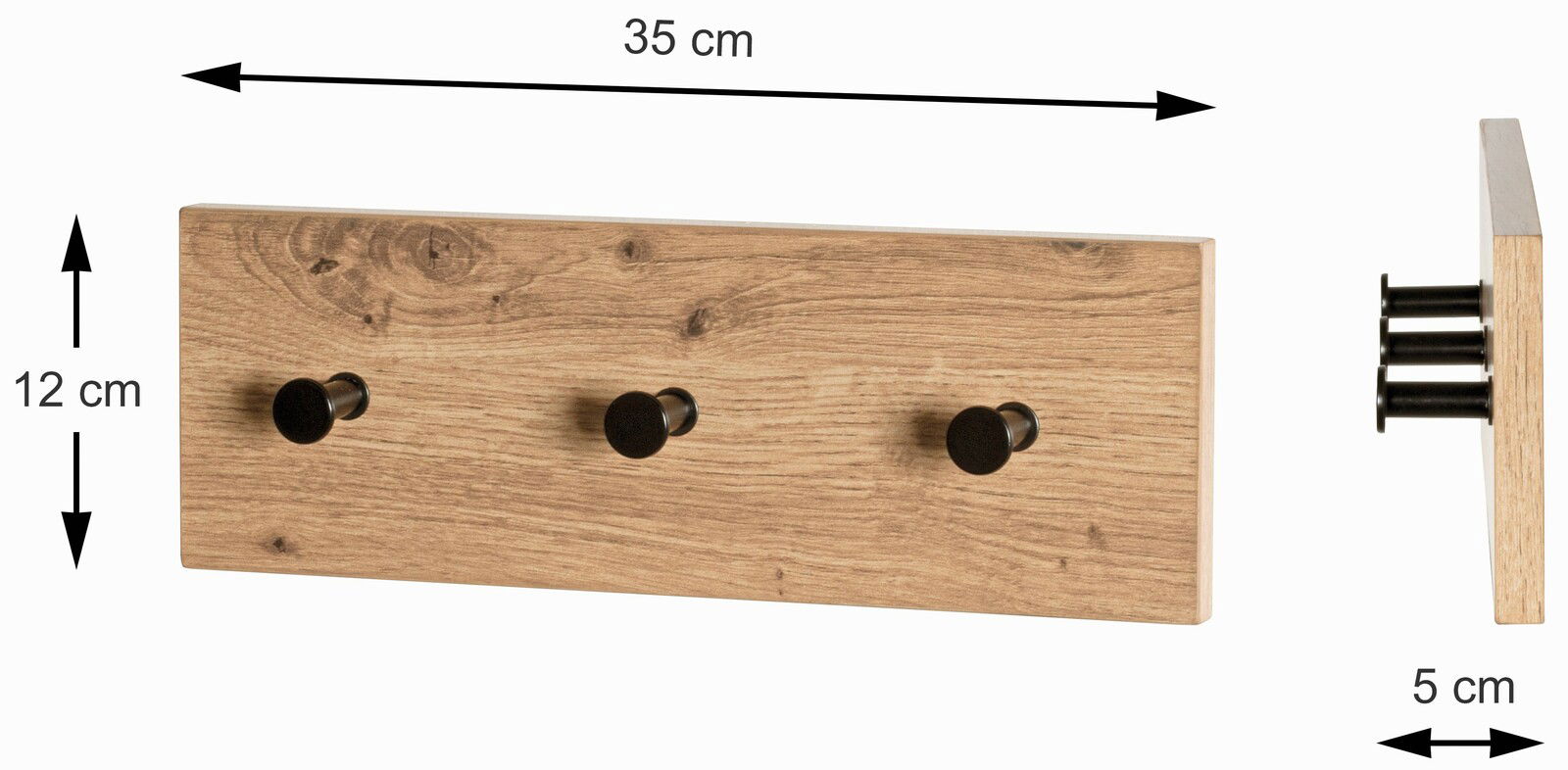 Garderobenleiste aus Holz mit drei schwarzen Haken, Maße 35 cm x 12 cm x 5 cm, seitliche und frontale Ansicht