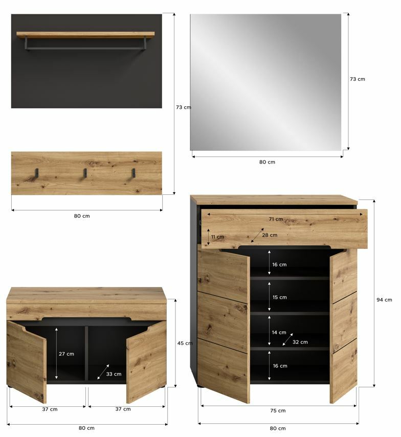 Garderobenkombination mit Holzoptik, bestehend aus einem Spiegel, einer Wandgarderobe mit Haken, einem Schuhschrank und einem Regalbrett. Frontansicht.