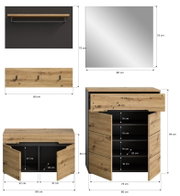 Garderobenkombination mit Holzoptik, bestehend aus einem Spiegel, einer Wandgarderobe mit Haken, einem Schuhschrank und einem Regalbrett. Frontansicht.