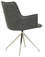 Rückansicht eines modernen Sessels mit grauem Stoffbezug und silbernem Metallgestell.