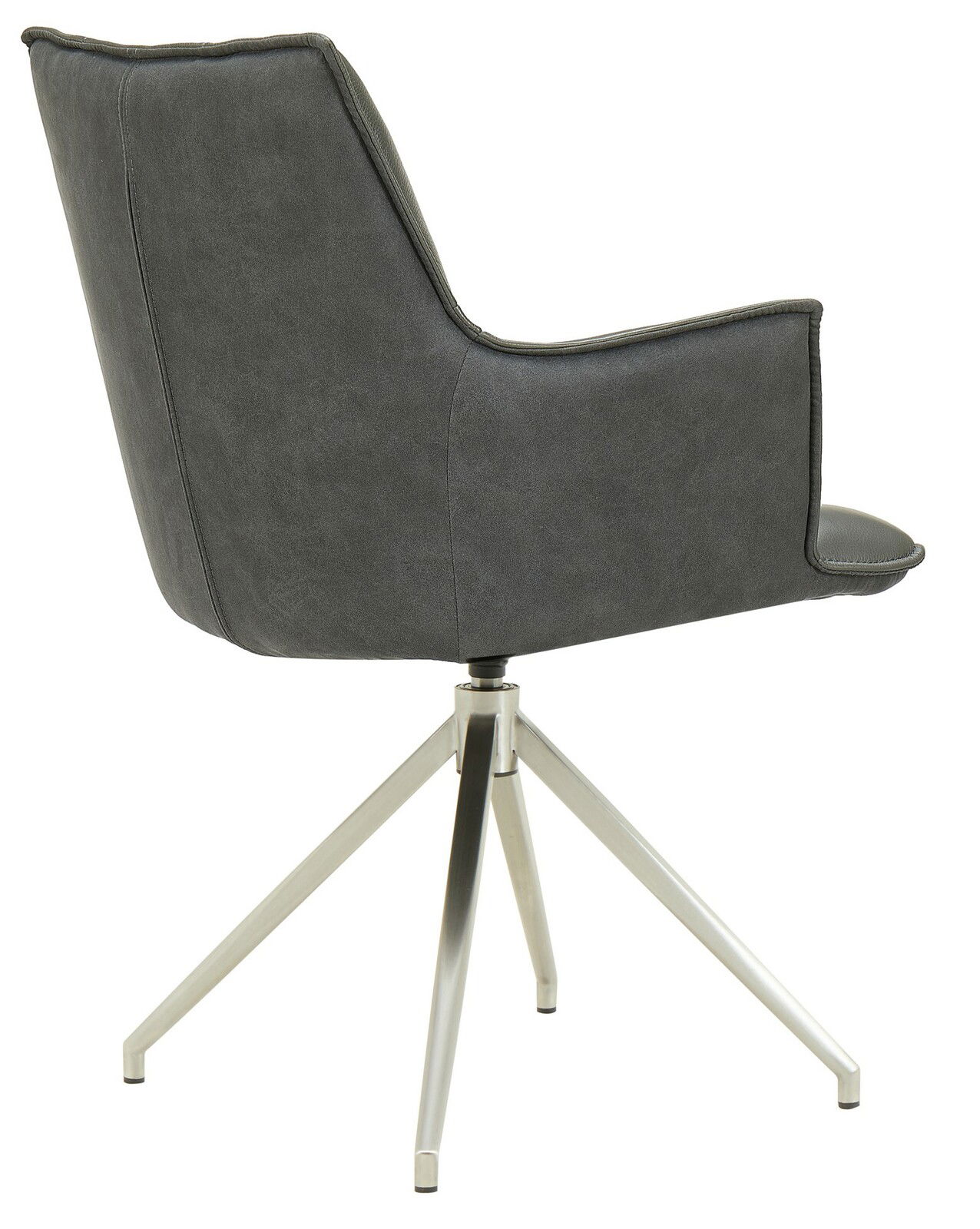Rückansicht eines modernen Sessels mit grauem Stoffbezug und silbernem Metallgestell.