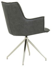 Rückansicht eines modernen Sessels mit grauem Stoffbezug und silbernem Metallgestell.