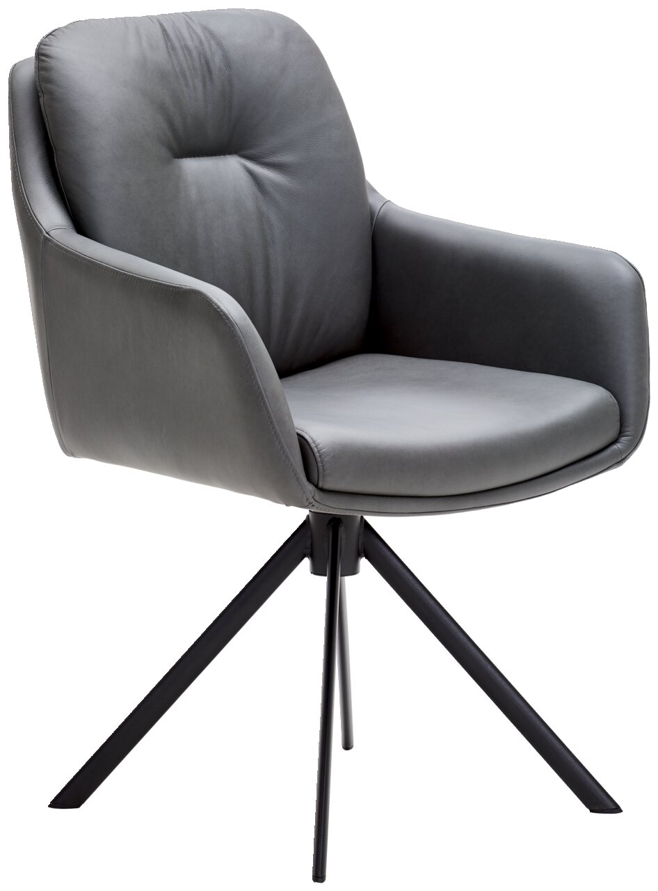 Grauer Armlehnstuhl mit gepolsterter Sitzfläche und Rückenlehne, auf schwarzem Metallgestell, seitliche Perspektive