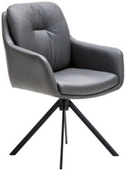 Grijze fauteuil met gestoffeerde zitting en rugleuning, op een zwart metalen onderstel, zijaanzicht