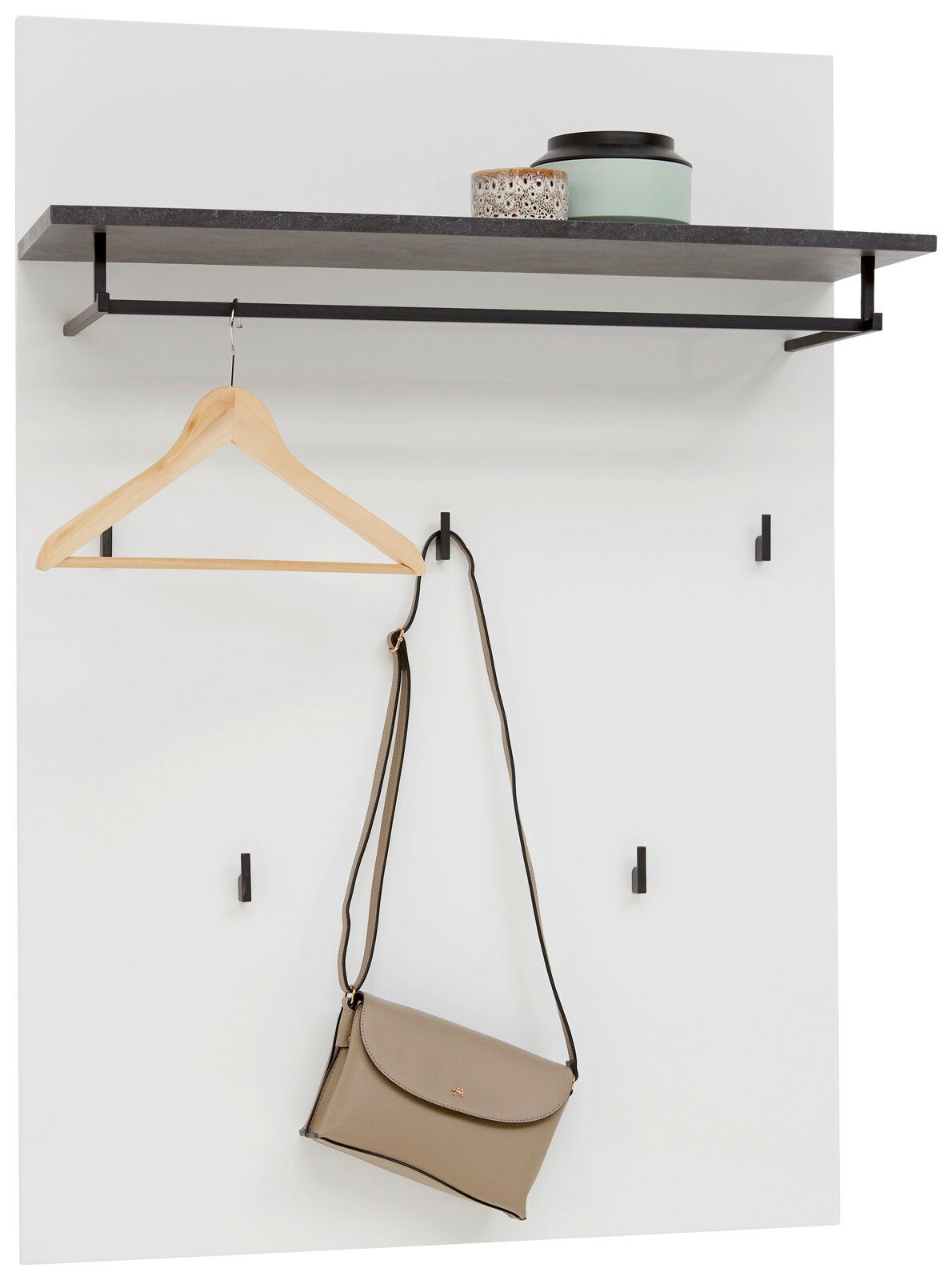 Voleo Garderobenpaneel YES Garderobenpaneel mit Ablage, Kleiderbügel und Haken, frontal betrachtet