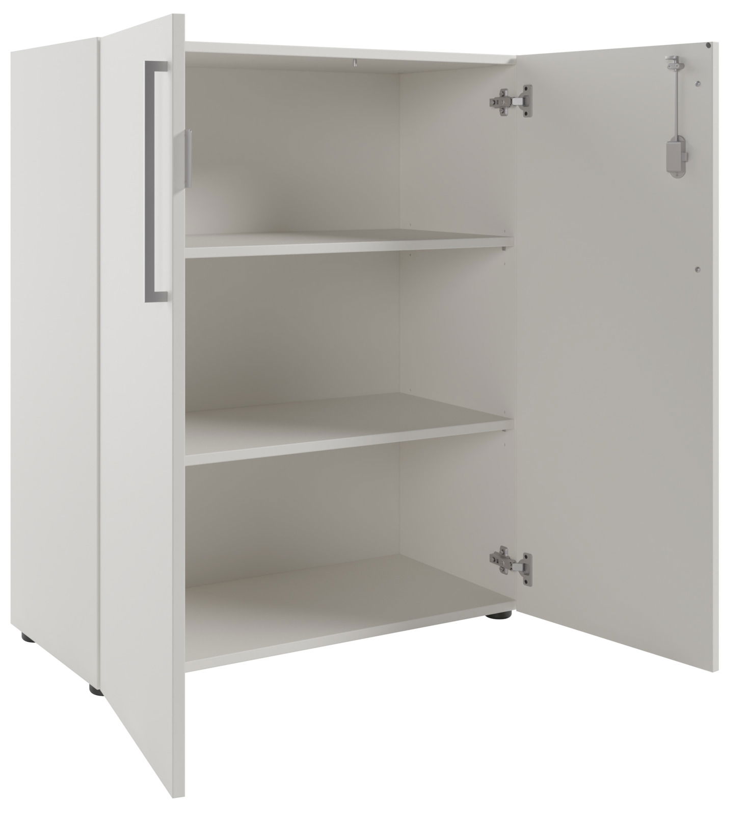 Weißer Aktenschrank mit zwei offenen Türen, drei Regalböden und seitlicher Perspektive