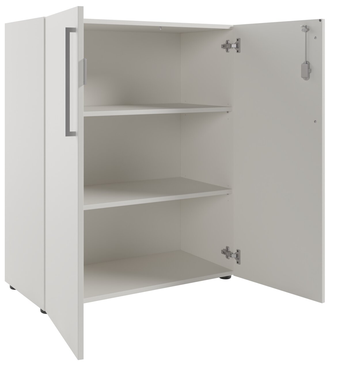 Weißer Aktenschrank mit zwei offenen Türen, drei Regalböden und seitlicher Perspektive