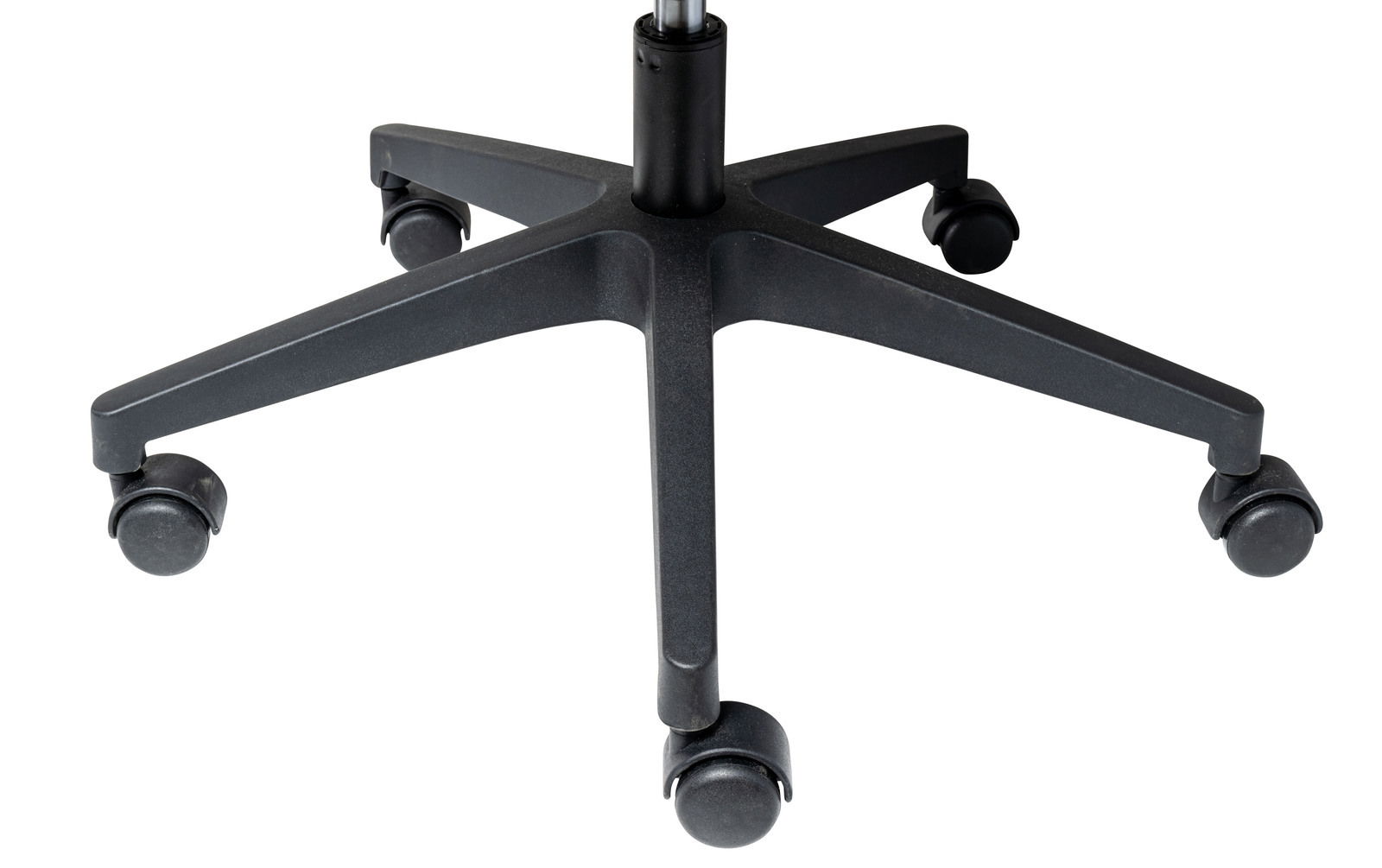 Nahaufnahme der Basis eines Drehstuhls mit fünf Rollen, von oben betrachtet.