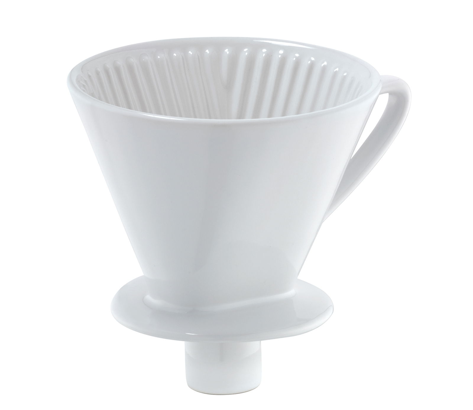Weißer Kaffeefilter mit Stutzen und Griff, seitliche Perspektive