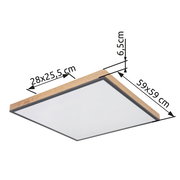 Moderne quadratische Deckenleuchte mit Holzrahmen, Maße 59x59 cm, seitliche Perspektive