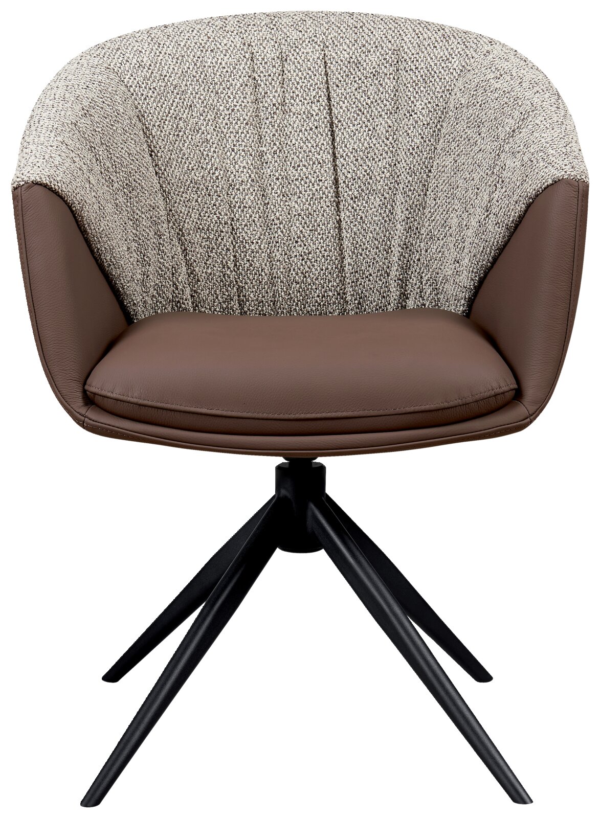 Moderne fauteuil met bruine zitbekleding en een rugleuning van stof met patroon, zwarte metalen poten, vooraanzicht