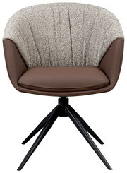 Moderne fauteuil met bruine zitbekleding en een rugleuning van stof met patroon, zwarte metalen poten, vooraanzicht