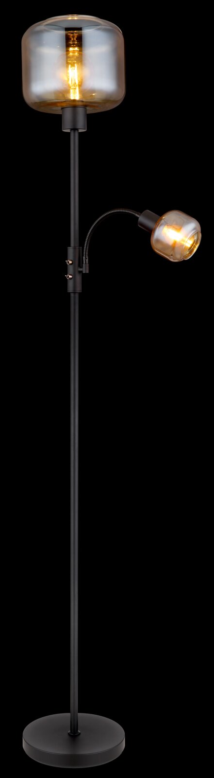 Moderne Stehleuchte mit zwei Leuchtkörpern, einer großen oberen und einer kleineren seitlichen, in schwarzem Metallgestell, frontal abgebildet.
