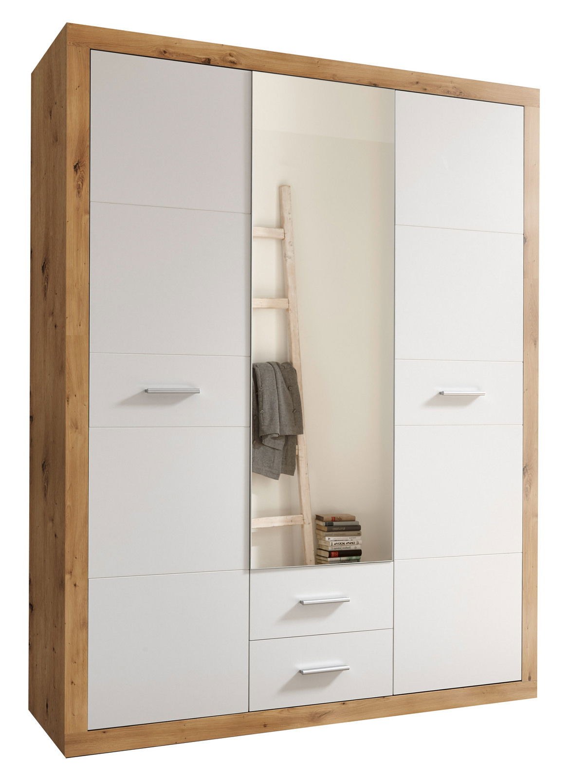 Z2 Drehtürenschrank 3-türig STONE Drehtürenschrank 3-türig mit Holzrahmen und weißer Front, mittlere Tür mit Spiegel, seitliche Perspektive