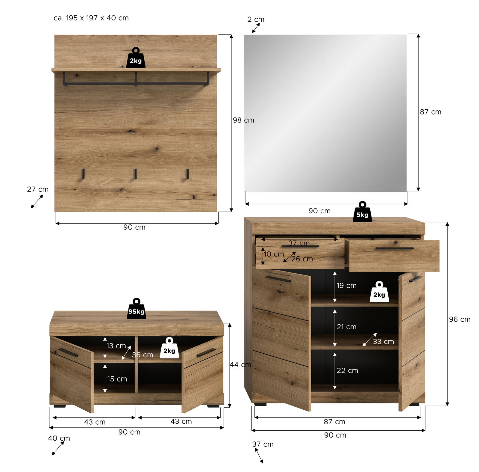 Garderoben-Set 4-teilig in Holzoptik, bestehend aus Wandpaneel mit Haken und Ablage, großem Spiegel, Schuhschrank und Kommode. Frontale Ansicht.