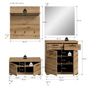 Garderoben-Set 4-teilig in Holzoptik, bestehend aus Wandpaneel mit Haken und Ablage, großem Spiegel, Schuhschrank und Kommode. Frontale Ansicht.