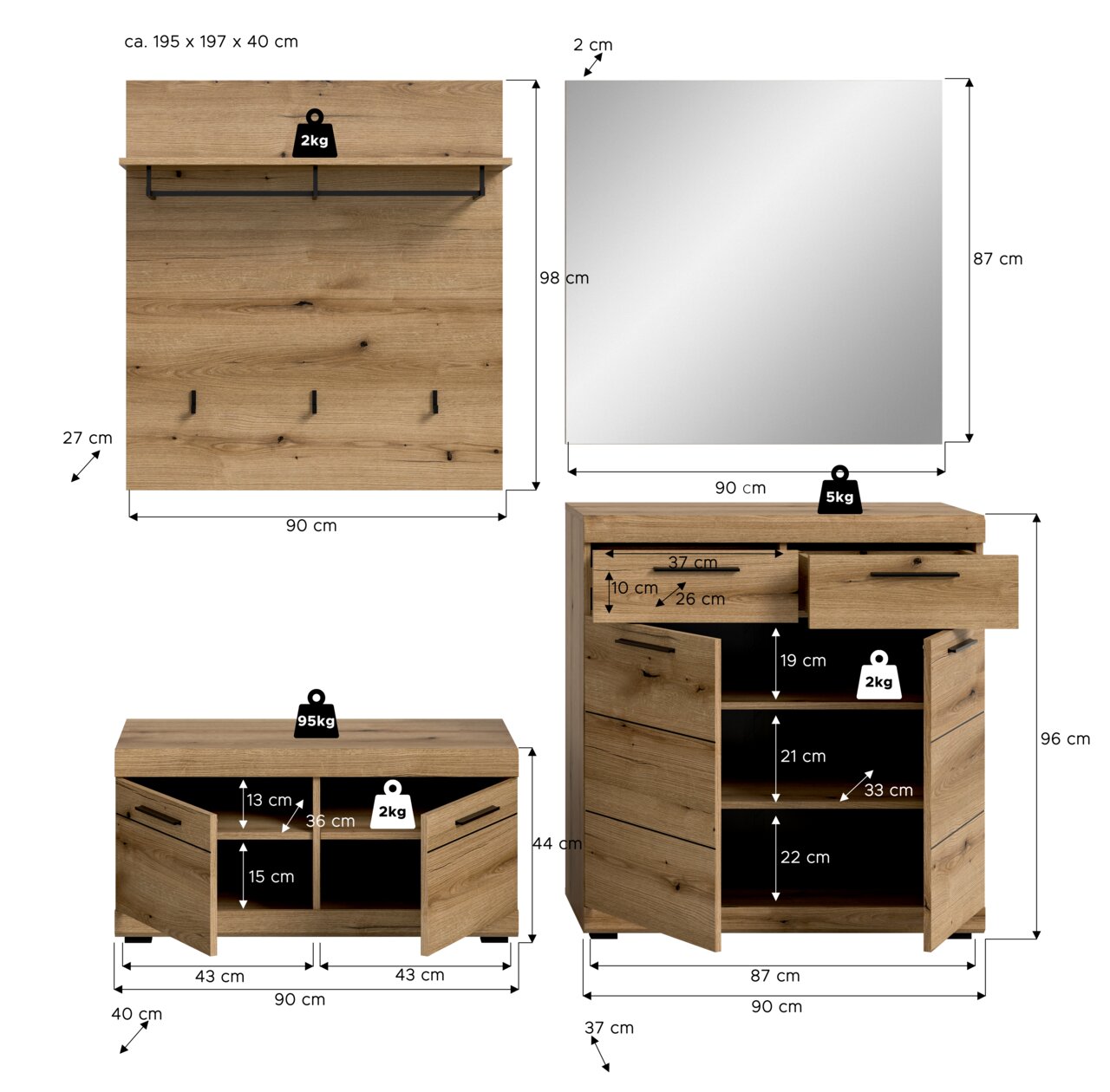 Garderoben-Set 4-teilig in Holzoptik, bestehend aus Wandpaneel mit Haken und Ablage, großem Spiegel, Schuhschrank und Kommode. Frontale Ansicht.