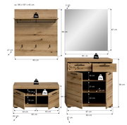 Garderoben-Set 4-teilig in Holzoptik, bestehend aus Wandpaneel mit Haken und Ablage, großem Spiegel, Schuhschrank und Kommode. Frontale Ansicht.