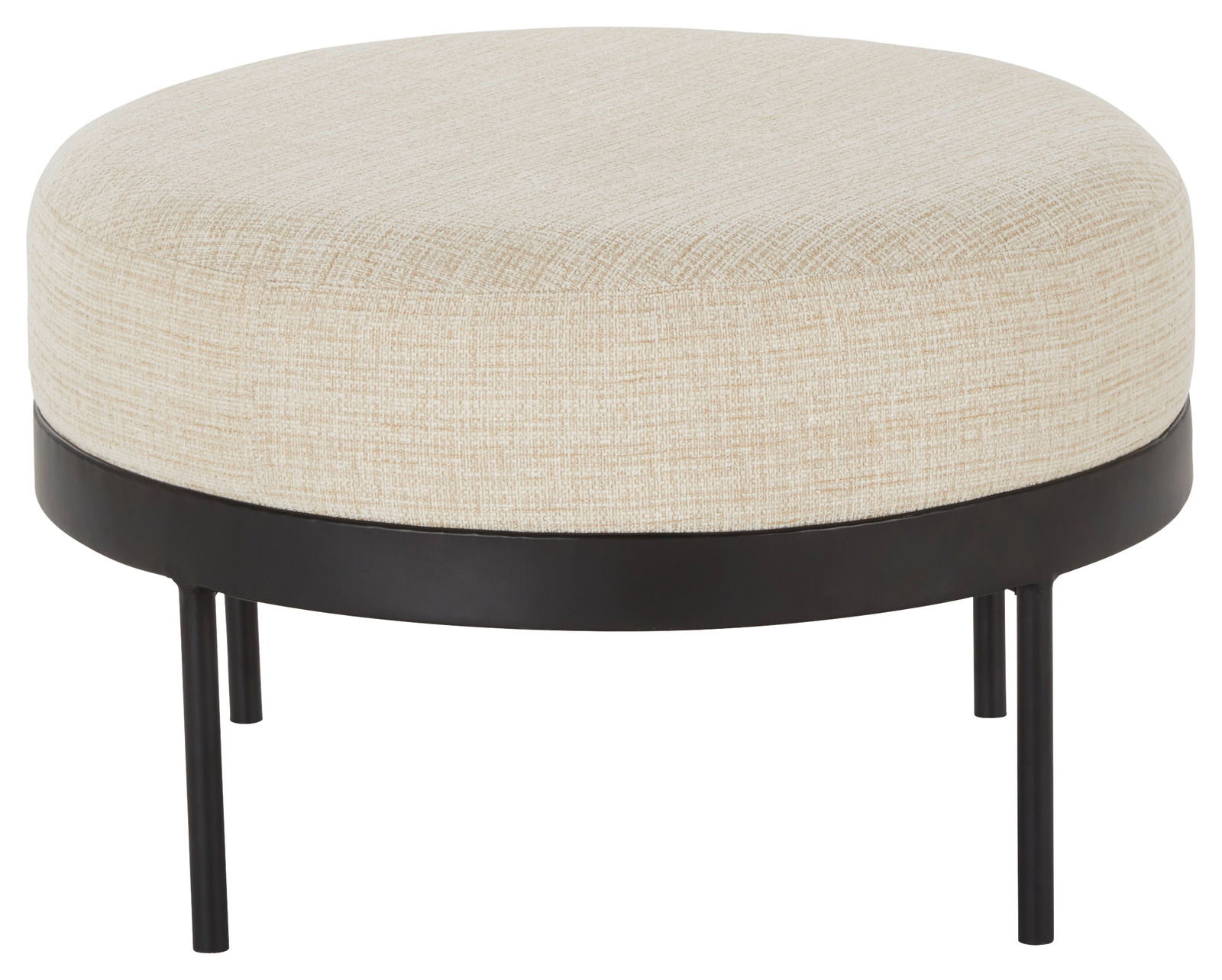 Moderner runder Hocker mit beigem Stoffbezug und schwarzem Metallgestell, seitliche Perspektive