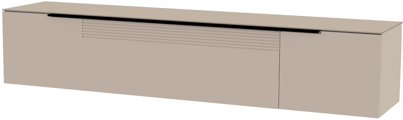 Beiges XL Hänge-Lowboard mit glatter Oberfläche und horizontalen Linien, seitliche Perspektive