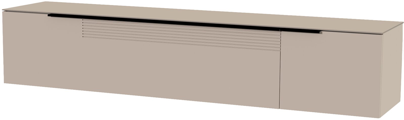 Beiges XL Hänge-Lowboard mit glatter Oberfläche und horizontalen Linien, seitliche Perspektive