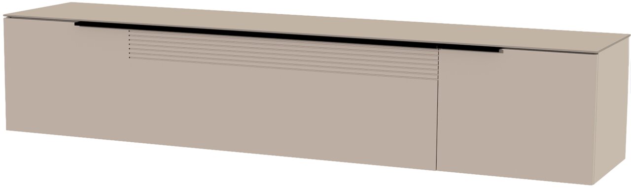 Beiges XL Hänge-Lowboard mit glatter Oberfläche und horizontalen Linien, seitliche Perspektive