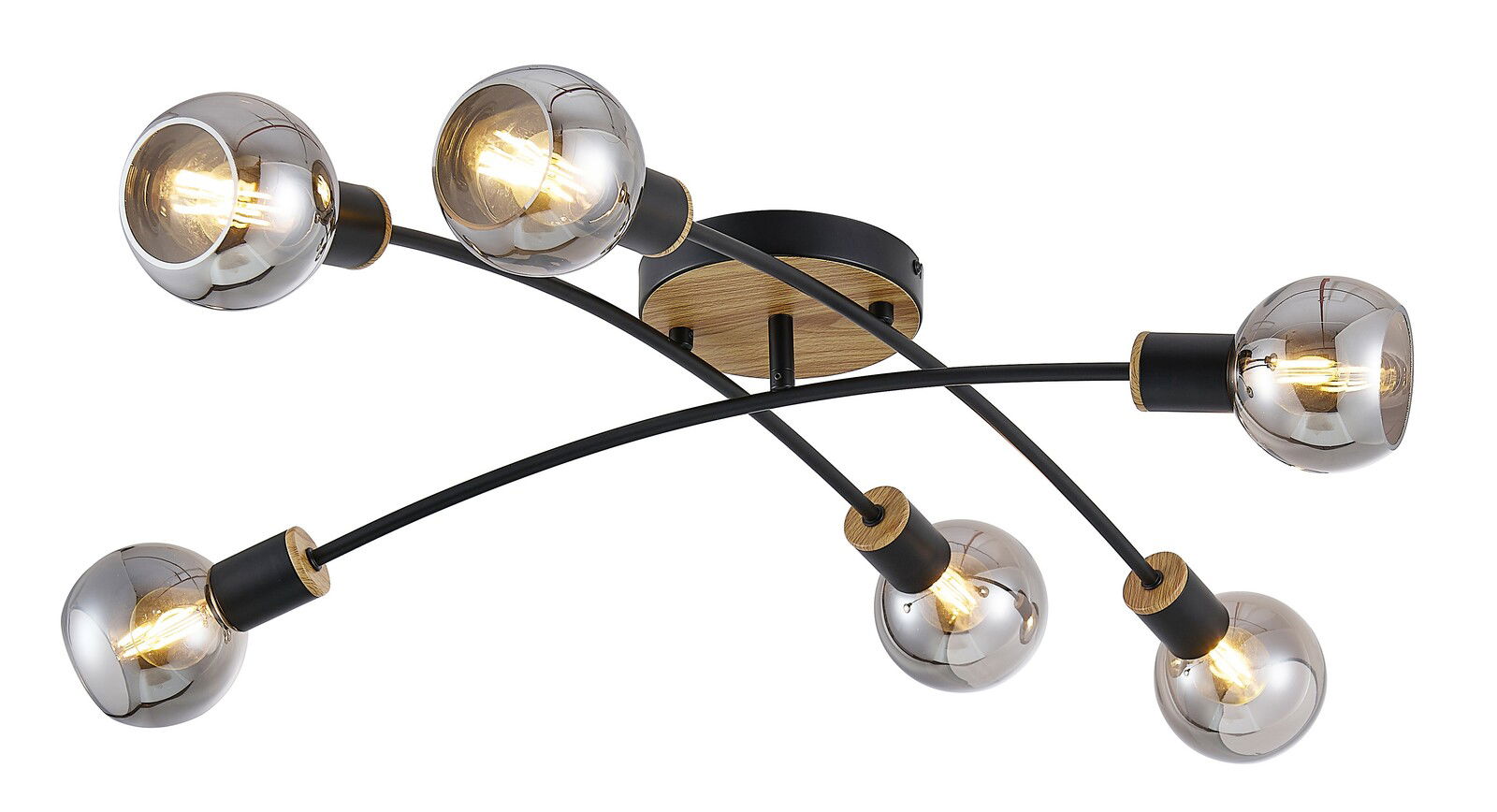 Novel Deckenleuchte Moderne Deckenleuchte mit sechs kugelförmigen, rauchgrauen Glaskugeln und schwarzen Armen, seitliche Perspektive