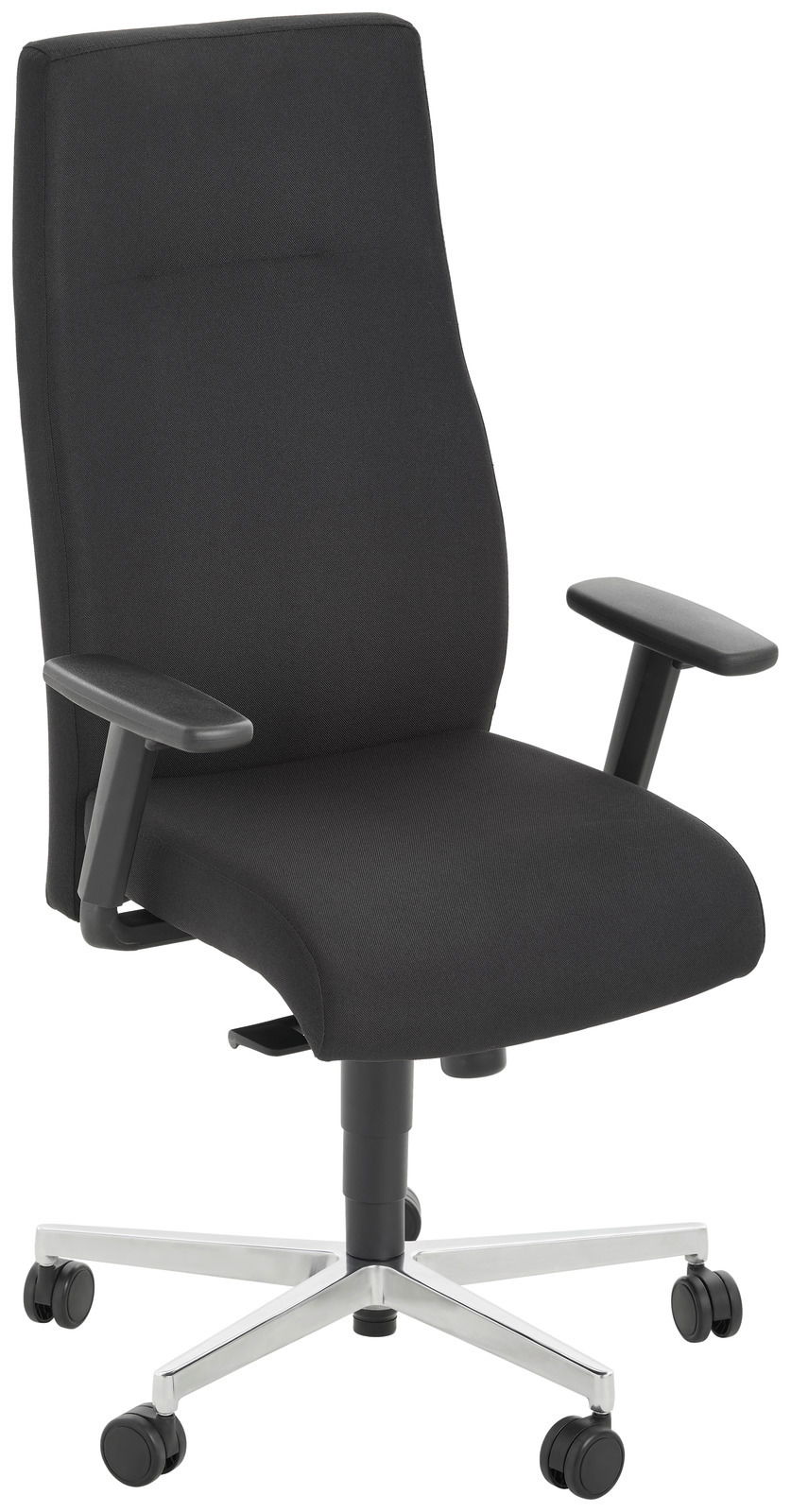 Schwarzer Chefsessel mit Armlehnen und Rollen, seitliche Perspektive