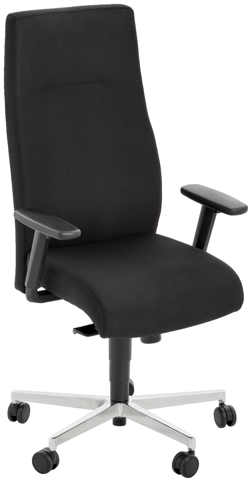 Schwarzer Chefsessel mit Armlehnen und Rollen, seitliche Perspektive