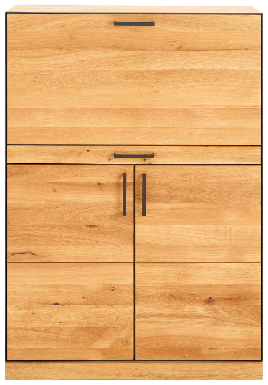 Frontale Ansicht eines Sekretärs aus hellem Holz mit schwarzen Griffen.